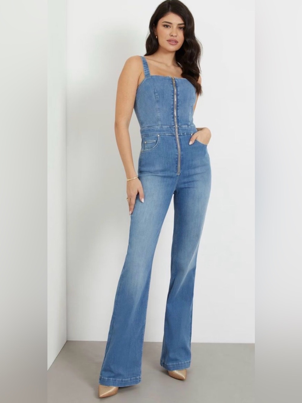 GUESS Women's Eco Mariposa Jumpsuit Denim Blue Gold Hardware Flare Leg Size 27